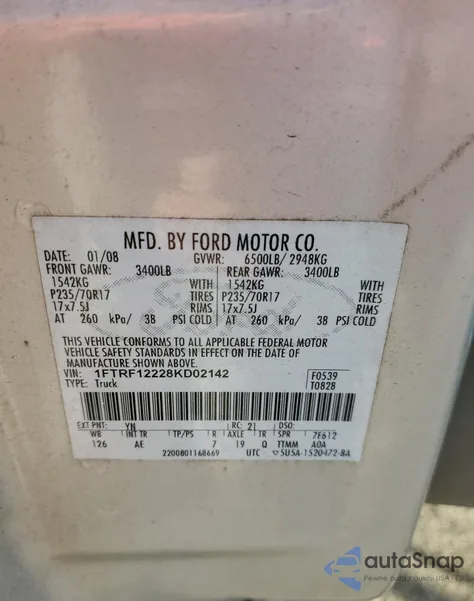 2008 Ford F150 из США, поврежденный, VIN 1FTRF12228KD02142